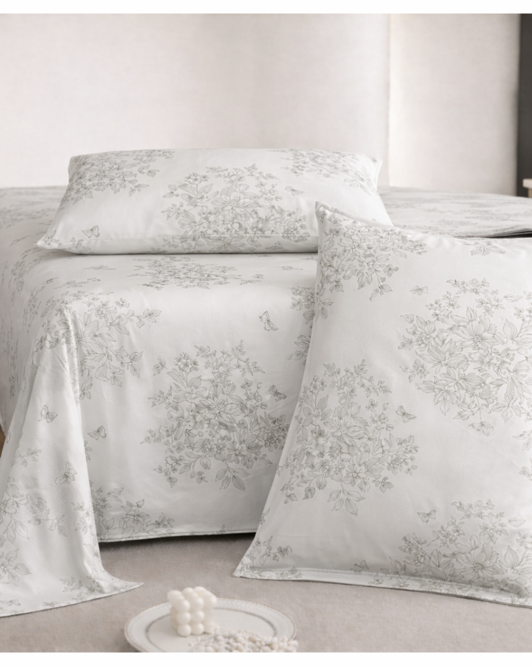 Super King Size Bedsheet | 400TC | 100% Pure Cotton Super King Size Bedsheet(275×275cm) with 2 Pillow Covers | Floral Pattern (White & Grey)