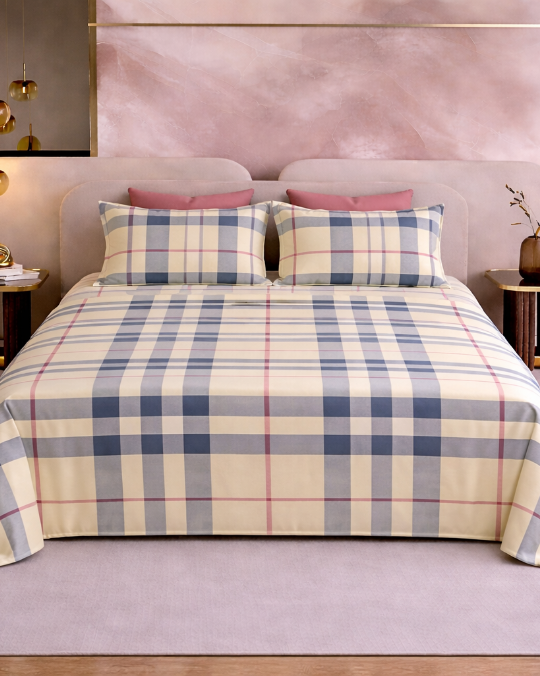 Super King Size Bedsheet | 400TC | 100% Pure Cotton Super King Size Bedsheet(275×275cm) with 2 Pillow Covers | Plaid Design(Cream & Blue)