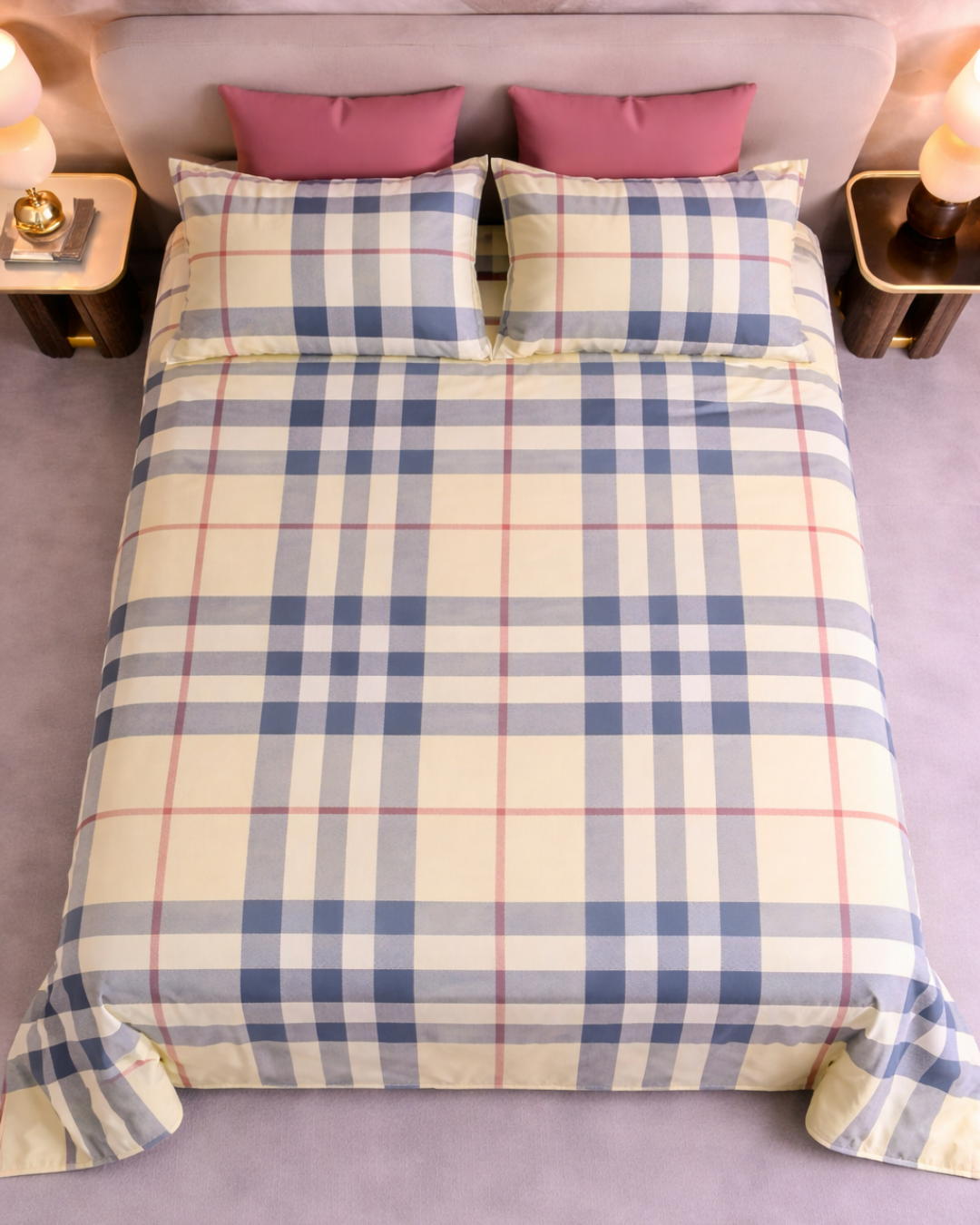 Super King Size Bedsheet | 400TC | 100% Pure Cotton Super King Size Bedsheet(275×275cm) with 2 Pillow Covers | Plaid Design(Cream & Blue)