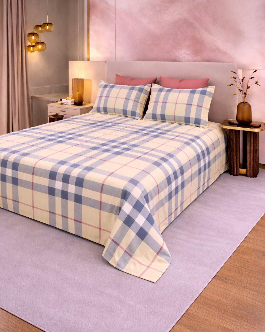 Super King Size Bedsheet | 400TC | 100% Pure Cotton Super King Size Bedsheet(275×275cm) with 2 Pillow Covers | Plaid Design(Cream & Blue)
