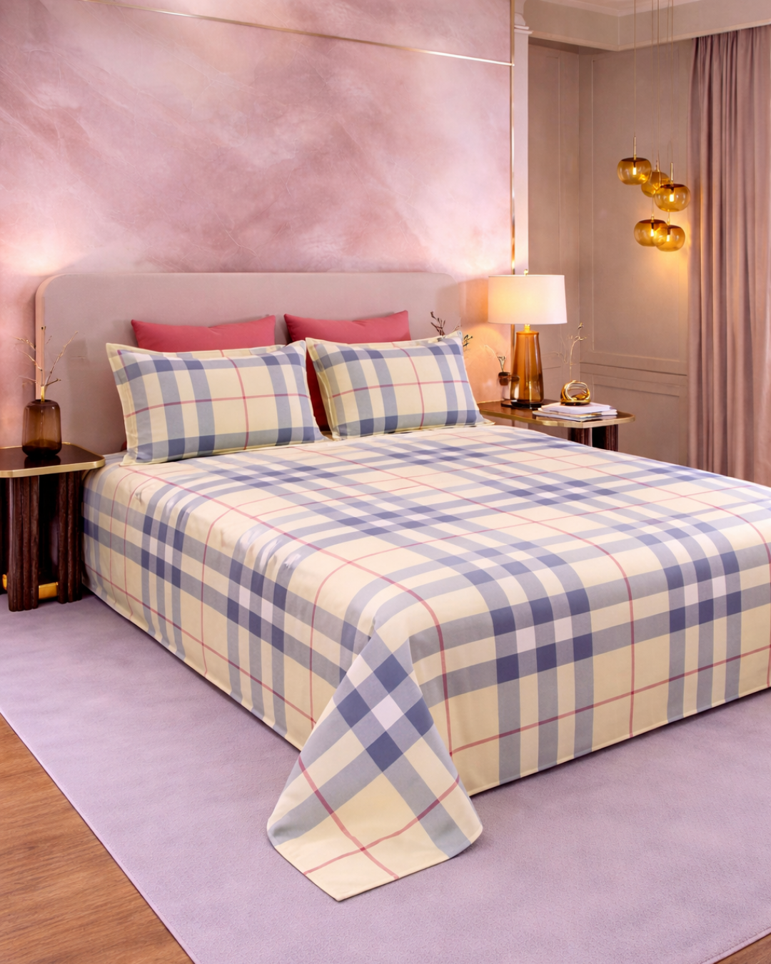Super King Size Bedsheet | 400TC | 100% Pure Cotton Super King Size Bedsheet(275×275cm) with 2 Pillow Covers | Plaid Design(Cream & Blue)