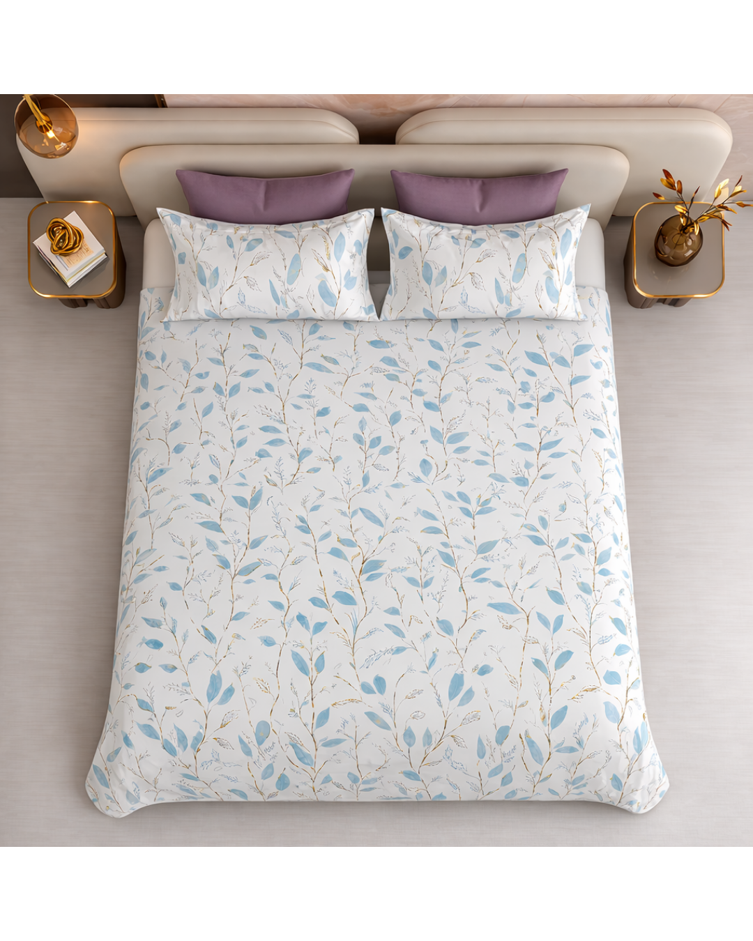 Super King Size Bedsheet | 400TC | 100% Pure Cotton Super King Size Bedsheet(275×275cm) with 2 Pillow Covers | Botanical Pattern (Light Blue)