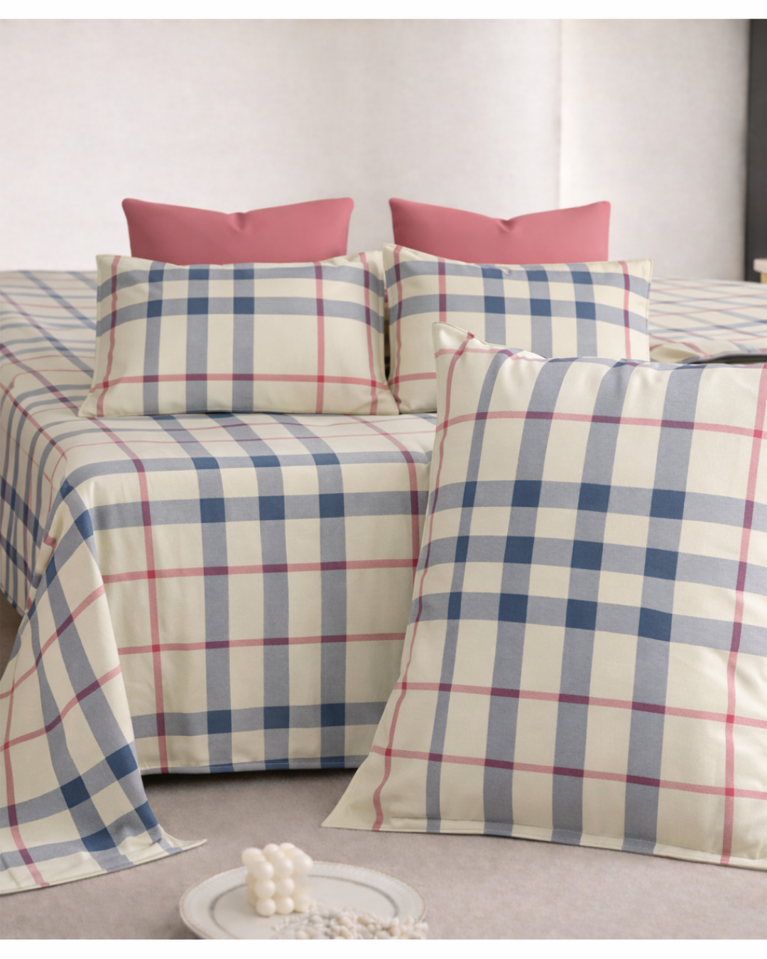 Super King Size Bedsheet | 400TC | 100% Pure Cotton Super King Size Bedsheet(275×275cm) with 2 Pillow Covers | Plaid Design(Cream & Blue)
