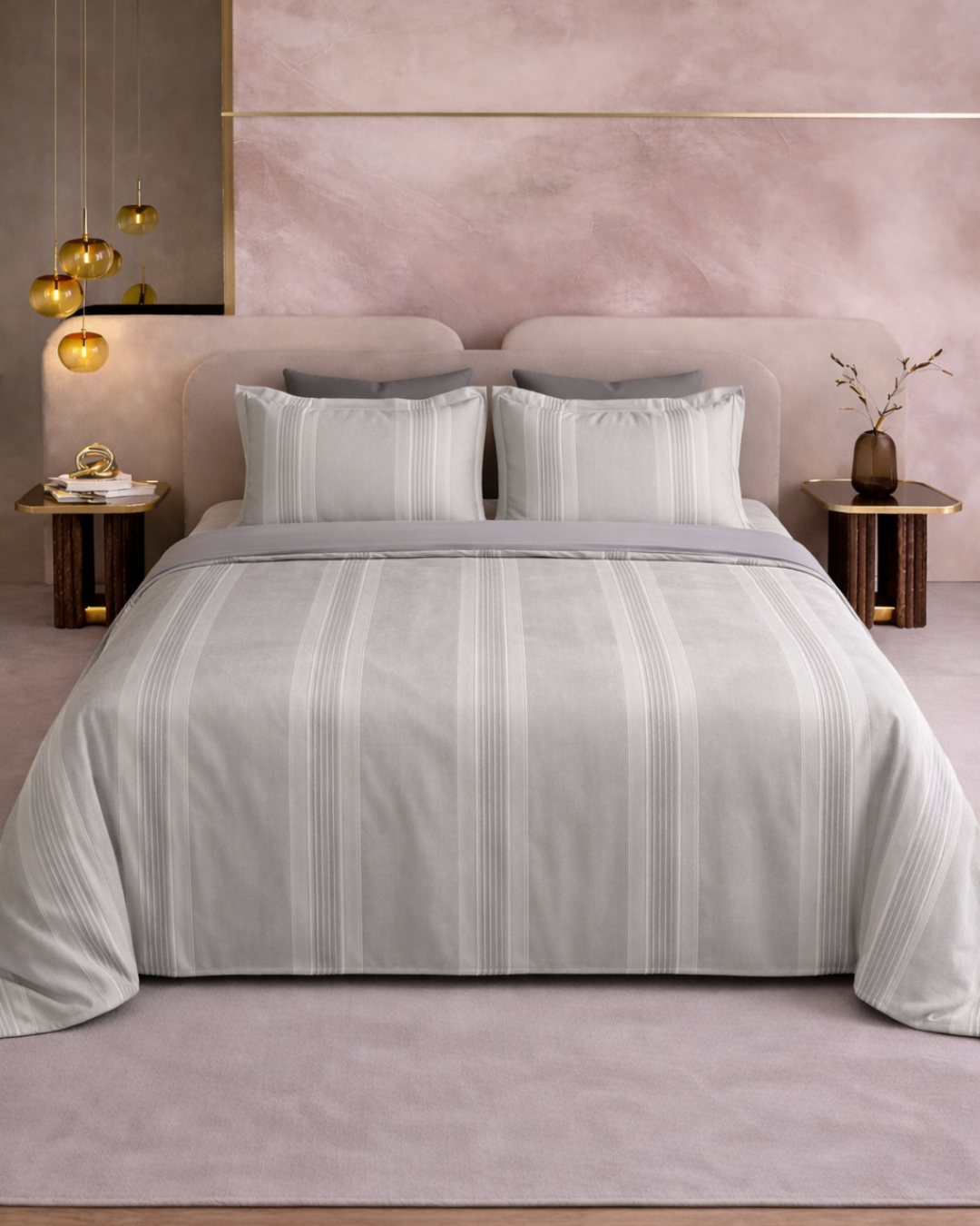 Super King Size Bedsheet | 400TC | 100% Pure Cotton Super King Size Bedsheet(275×275cm) with 2 Pillow Covers | Striped Pattern(Grey)
