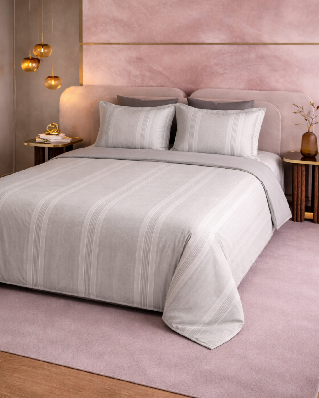 Super King Size Bedsheet | 400TC | 100% Pure Cotton Super King Size Bedsheet(275×275cm) with 2 Pillow Covers | Striped Pattern(Grey)