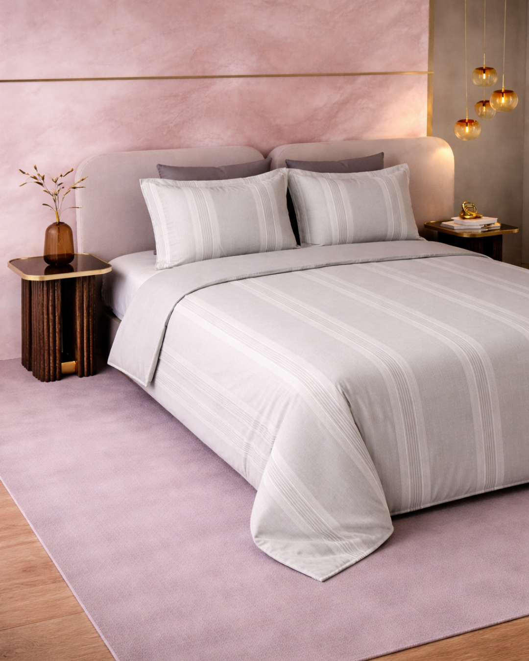 Super King Size Bedsheet | 400TC | 100% Pure Cotton Super King Size Bedsheet(275×275cm) with 2 Pillow Covers | Striped Pattern(Grey)