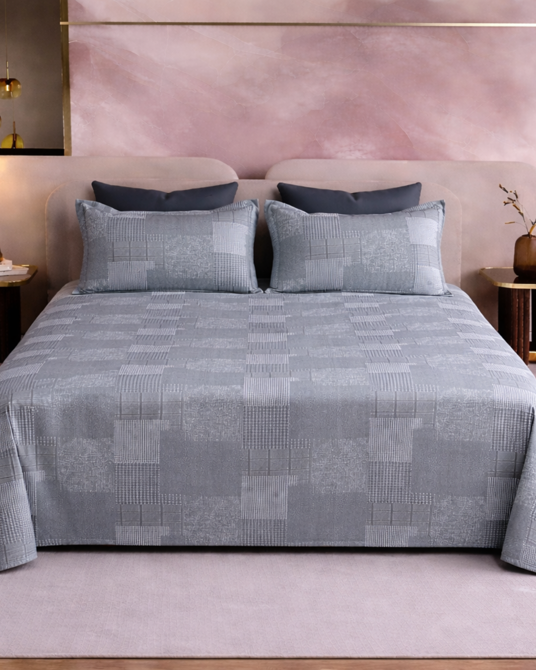 Super King Size Bedsheet | 400TC | 100% Pure Cotton Super King Size Bedsheet(275×275cm) with 2 Pillow Covers | Checkered Pattern (Grey)