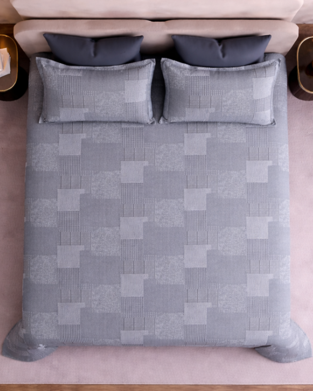 Super King Size Bedsheet | 400TC | 100% Pure Cotton Super King Size Bedsheet(275×275cm) with 2 Pillow Covers | Checkered Pattern (Grey)