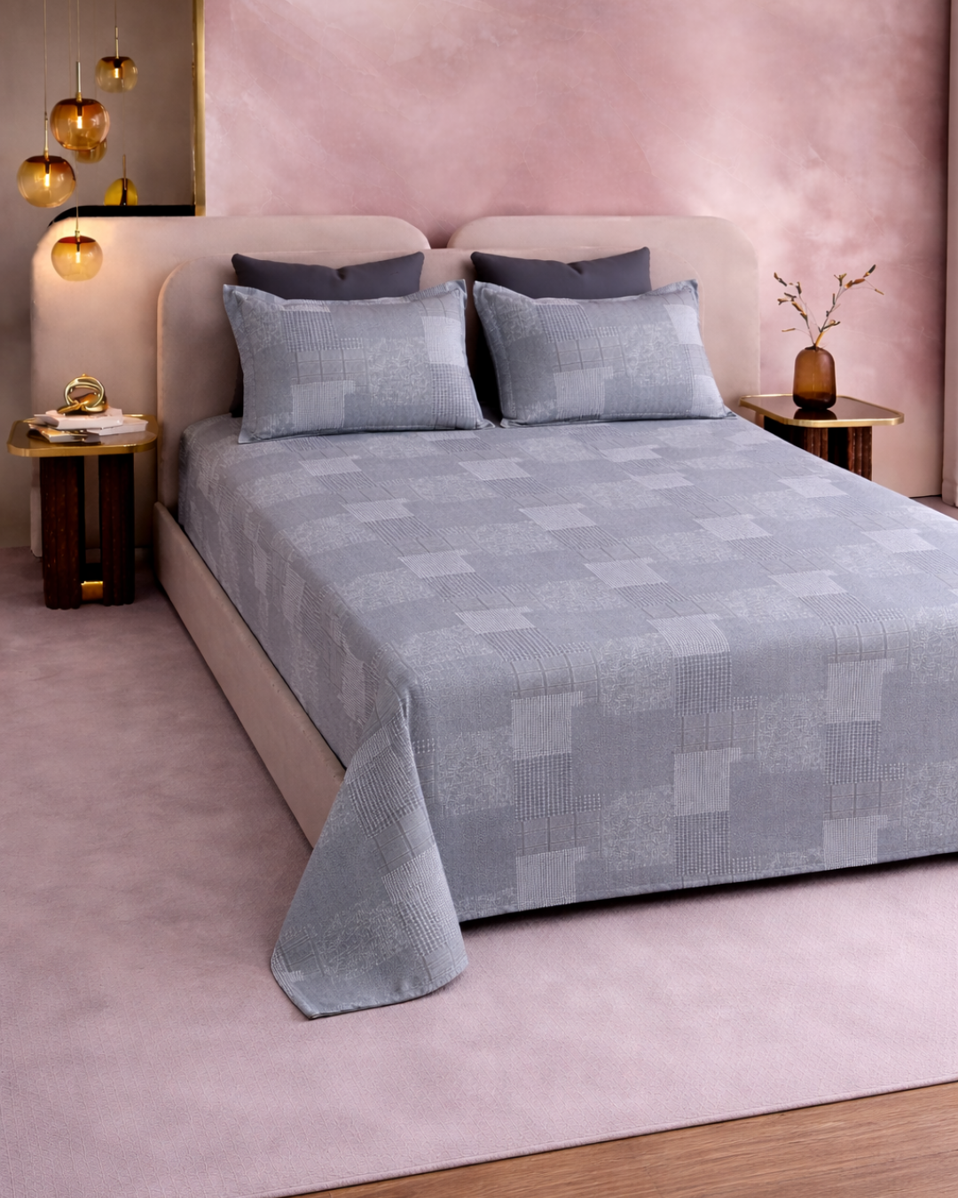 Super King Size Bedsheet | 400TC | 100% Pure Cotton Super King Size Bedsheet(275×275cm) with 2 Pillow Covers | Checkered Pattern (Grey)