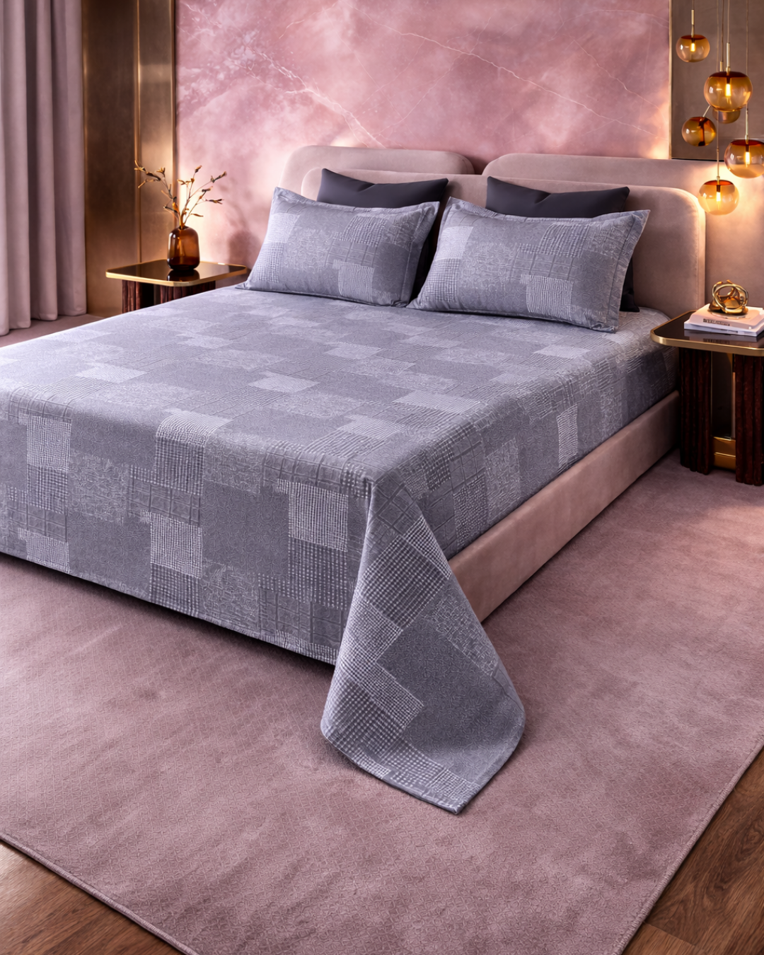 Super King Size Bedsheet | 400TC | 100% Pure Cotton Super King Size Bedsheet(275×275cm) with 2 Pillow Covers | Checkered Pattern (Grey)