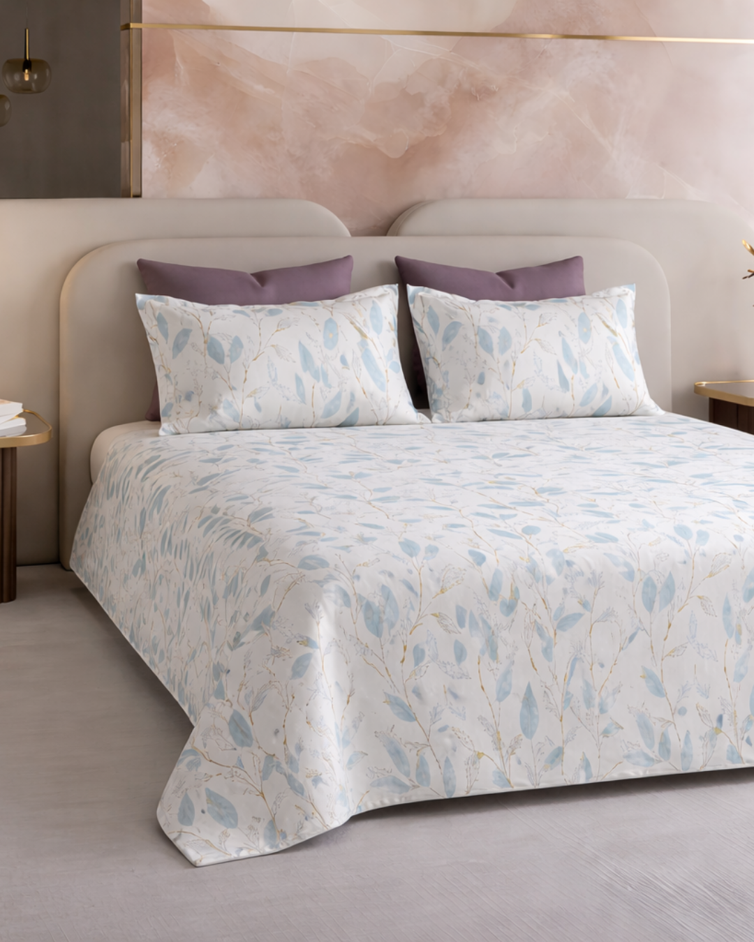 Super King Size Bedsheet | 400TC | 100% Pure Cotton Super King Size Bedsheet(275×275cm) with 2 Pillow Covers | Botanical Pattern (Light Blue)
