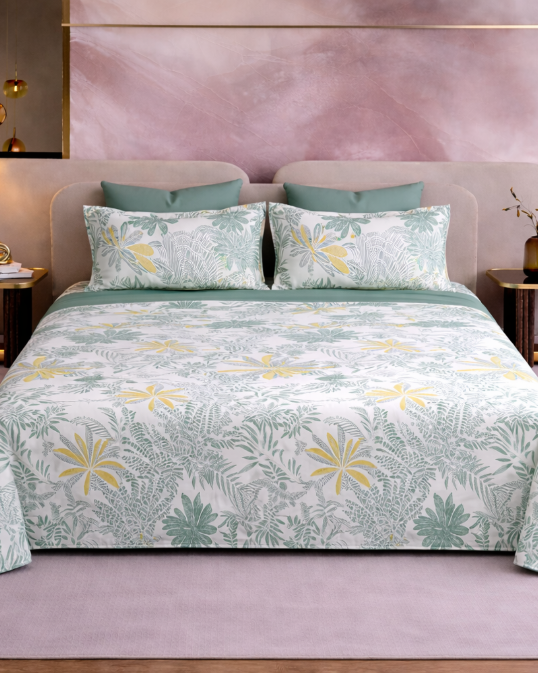 Super King Size Bedsheet | 400TC | 100% Pure Cotton Super King Size Bedsheet(275×275cm) with 2 Pillow Covers | Tropical Floral Pattern (Green & Yellow)