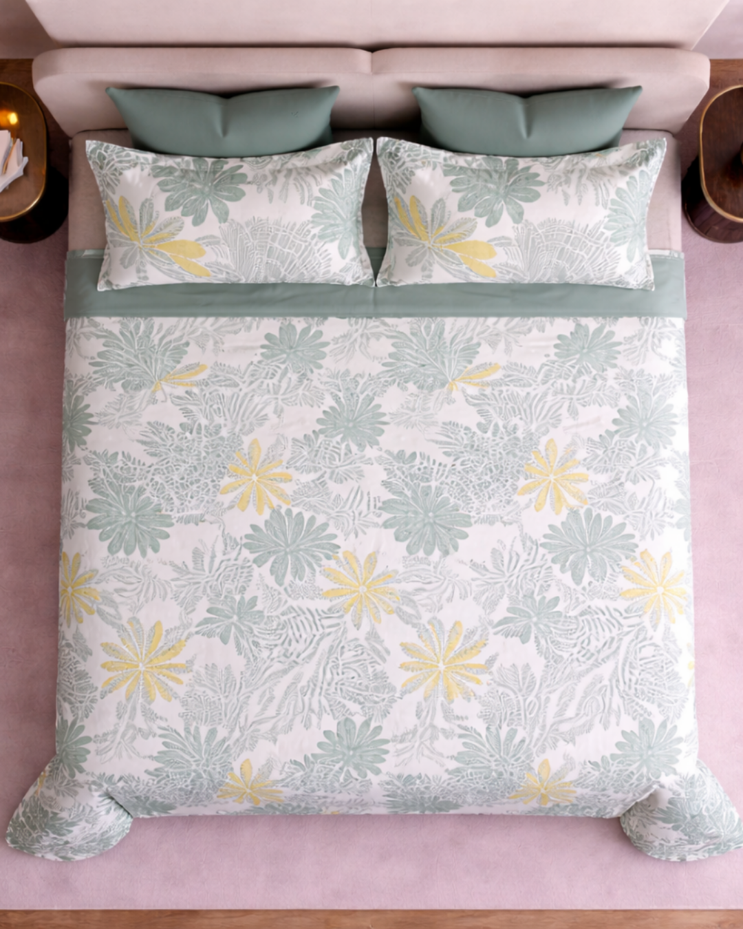 Super King Size Bedsheet | 400TC | 100% Pure Cotton Super King Size Bedsheet(275×275cm) with 2 Pillow Covers | Tropical Floral Pattern (Green & Yellow)