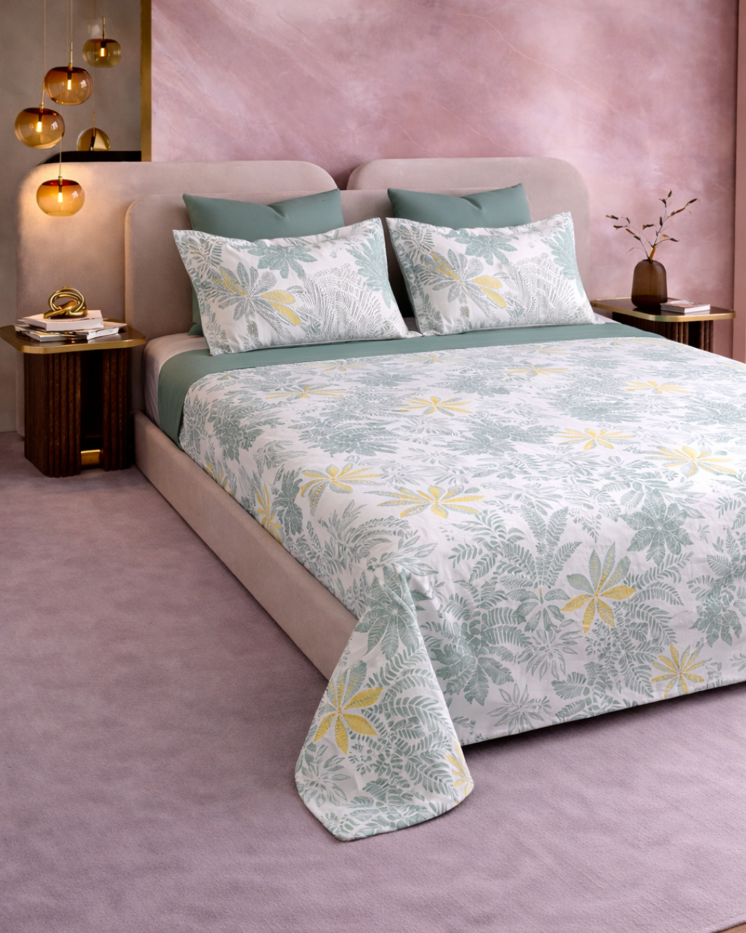 Super King Size Bedsheet | 400TC | 100% Pure Cotton Super King Size Bedsheet(275×275cm) with 2 Pillow Covers | Tropical Floral Pattern (Green & Yellow)