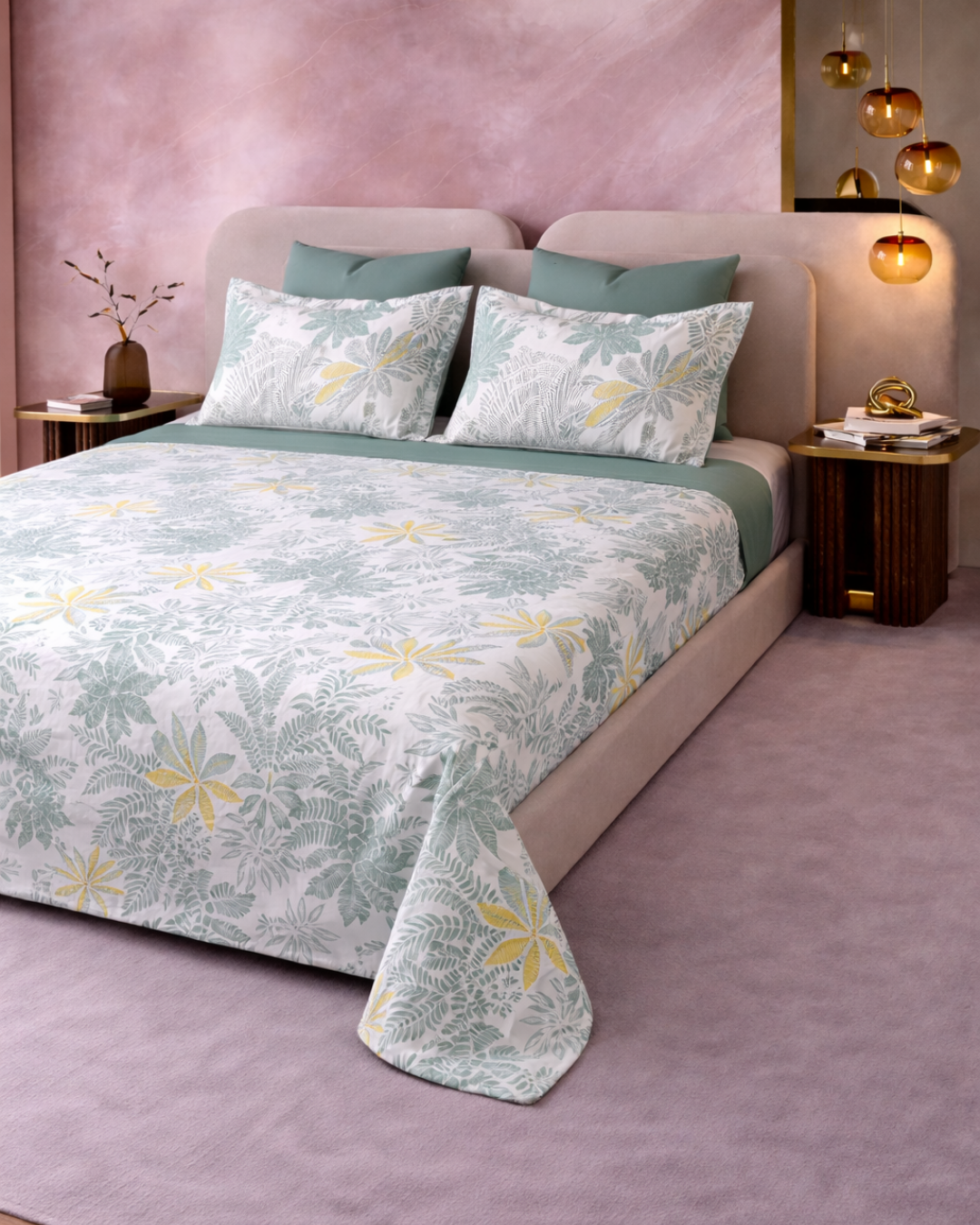 Super King Size Bedsheet | 400TC | 100% Pure Cotton Super King Size Bedsheet(275×275cm) with 2 Pillow Covers | Tropical Floral Pattern (Green & Yellow)