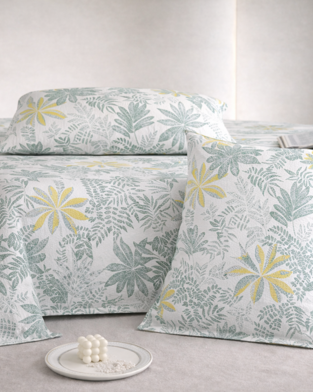 Super King Size Bedsheet | 400TC | 100% Pure Cotton Super King Size Bedsheet(275×275cm) with 2 Pillow Covers | Tropical Floral Pattern (Green & Yellow)