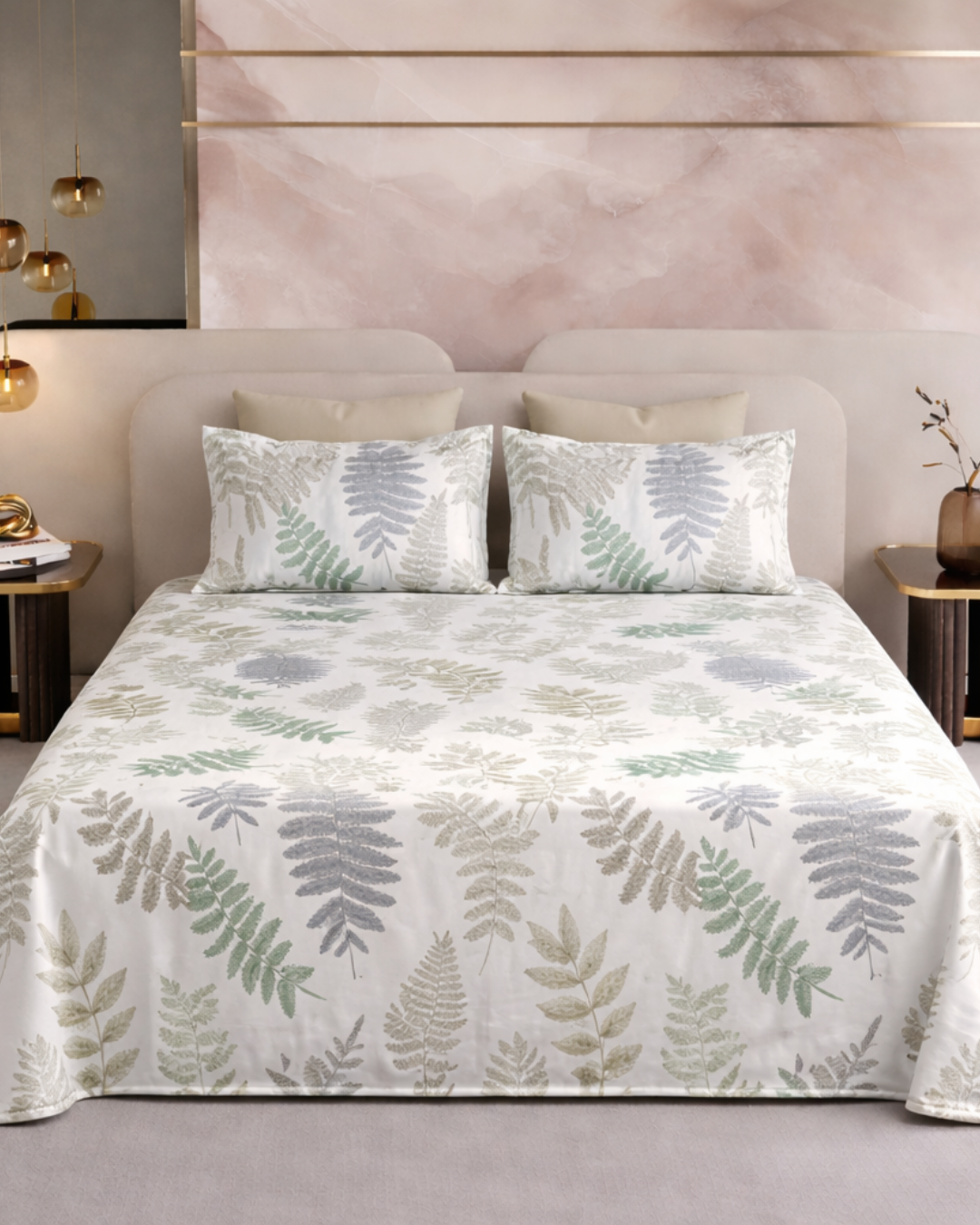 Super King Size Bedsheet | 400TC | 100% Pure Cotton Super King Size Bedsheet(275×275cm) with 2 Pillow Covers | Leaf Pattern (Green & Grey)