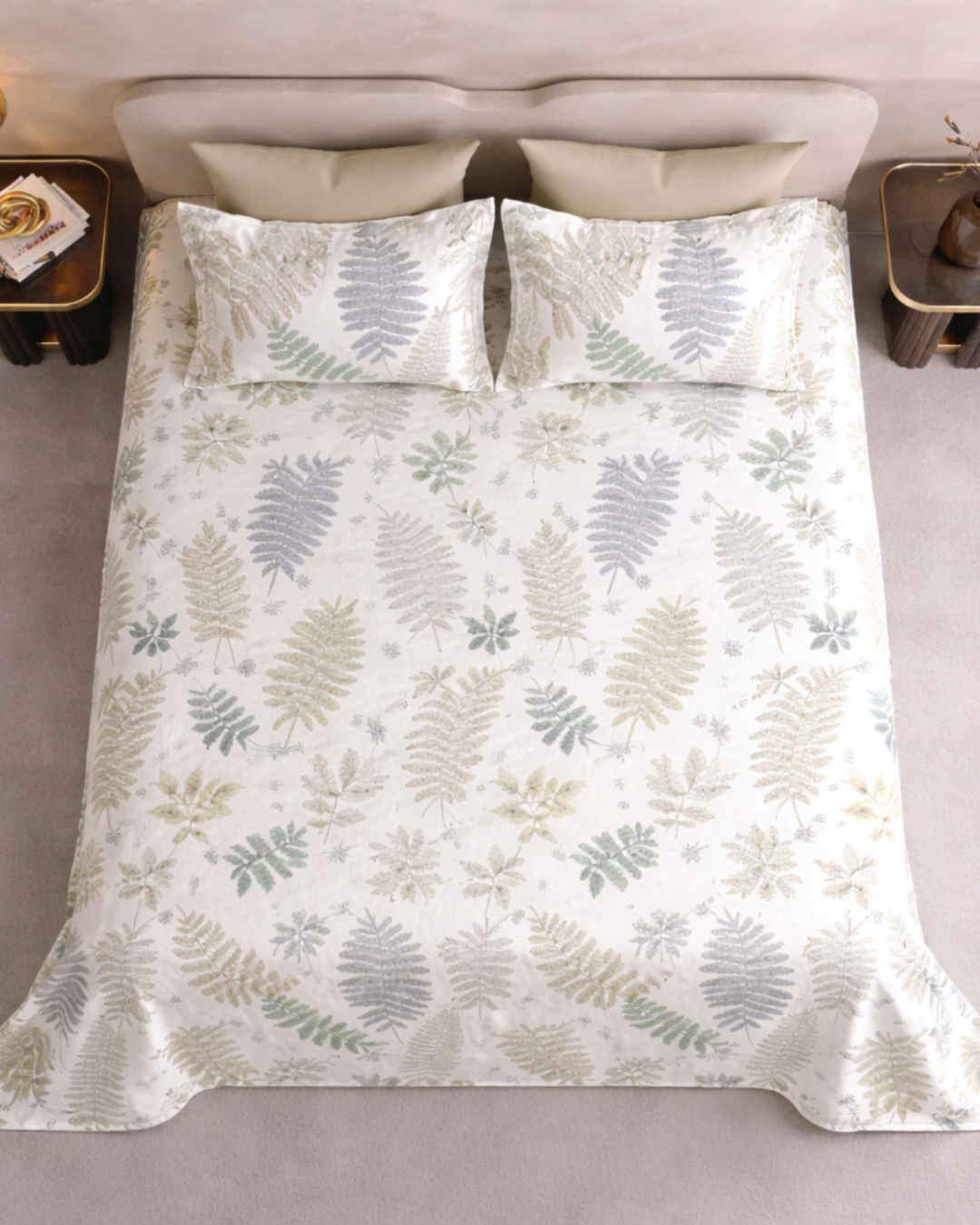 Super King Size Bedsheet | 400TC | 100% Pure Cotton Super King Size Bedsheet(275×275cm) with 2 Pillow Covers | Leaf Pattern (Green & Grey)