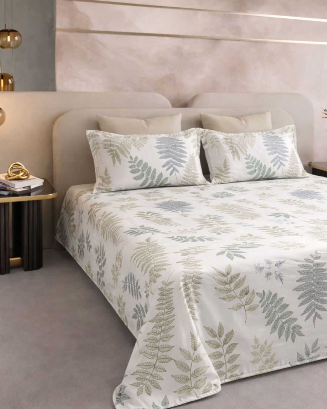 Super King Size Bedsheet | 400TC | 100% Pure Cotton Super King Size Bedsheet(275×275cm) with 2 Pillow Covers | Leaf Pattern (Green & Grey)