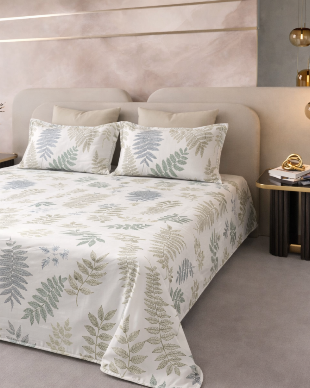 Super King Size Bedsheet | 400TC | 100% Pure Cotton Super King Size Bedsheet(275×275cm) with 2 Pillow Covers | Leaf Pattern (Green & Grey)