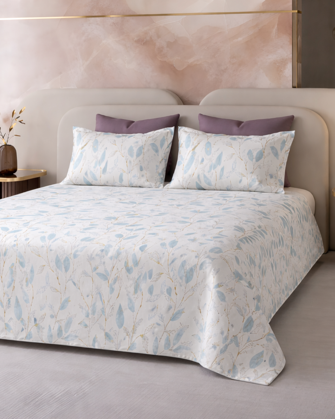 Super King Size Bedsheet | 400TC | 100% Pure Cotton Super King Size Bedsheet(275×275cm) with 2 Pillow Covers | Botanical Pattern (Light Blue)